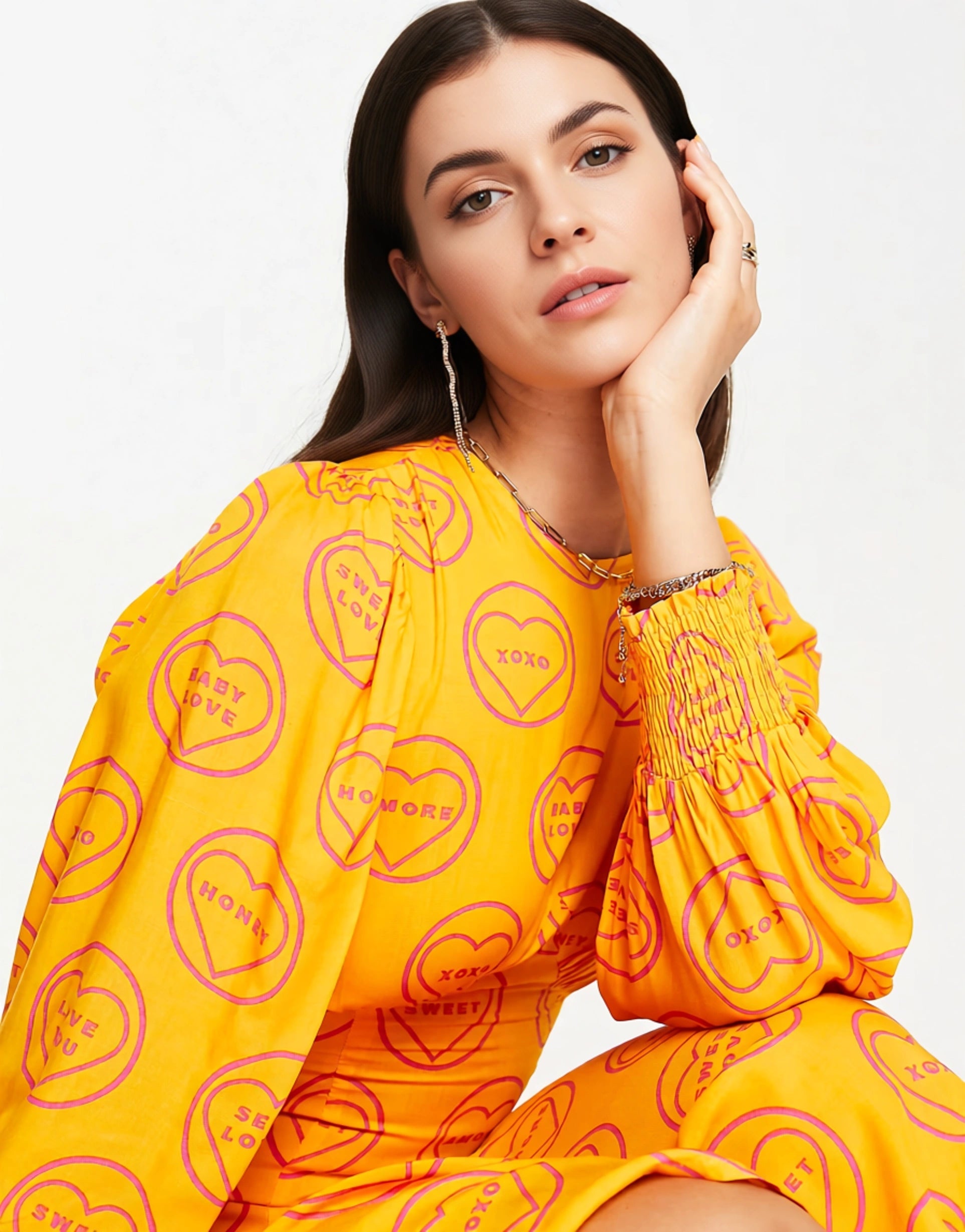 Never Fully Dressed Women's Balloon Sleeve Maxi Dress in Orange Self Love Print In Orange