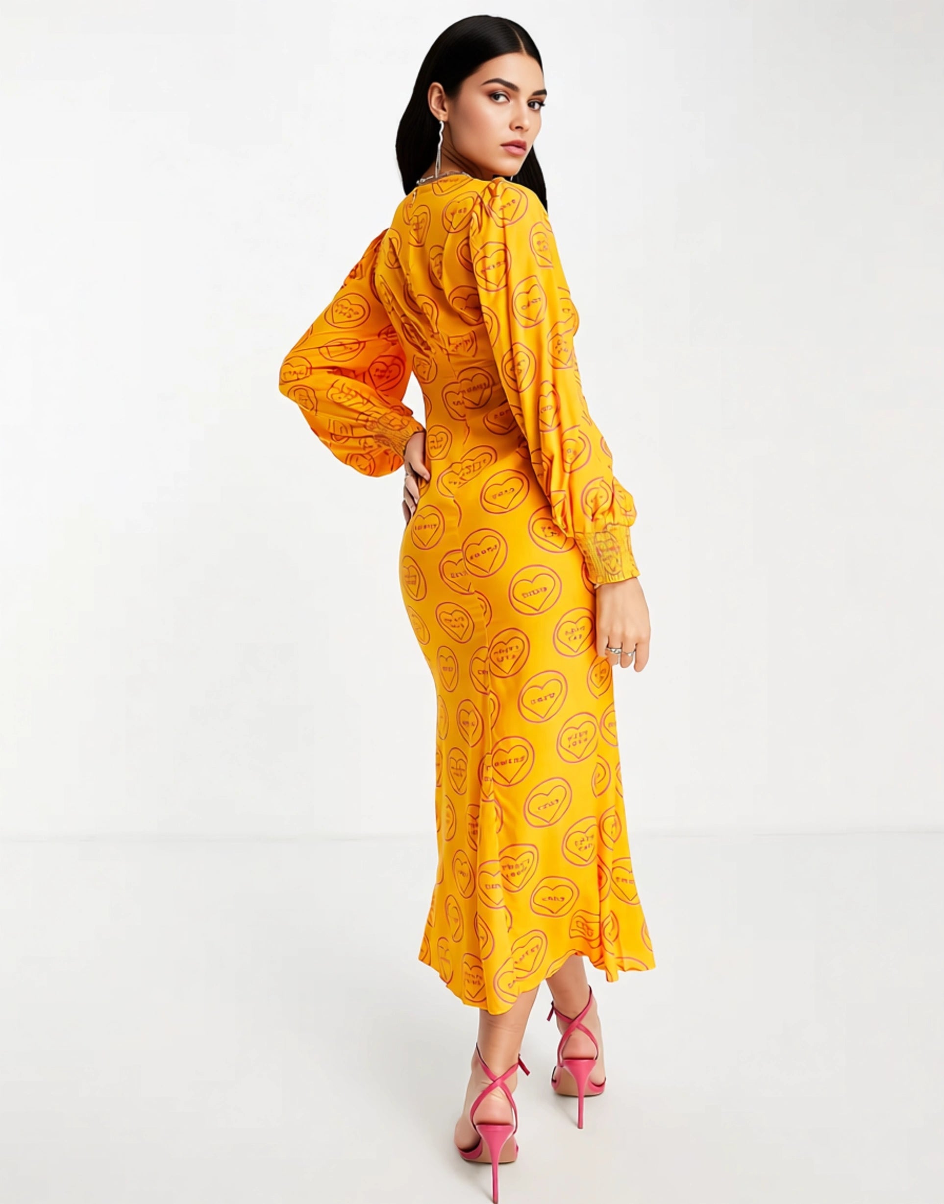 Never Fully Dressed Women's Balloon Sleeve Maxi Dress in Orange Self Love Print In Orange