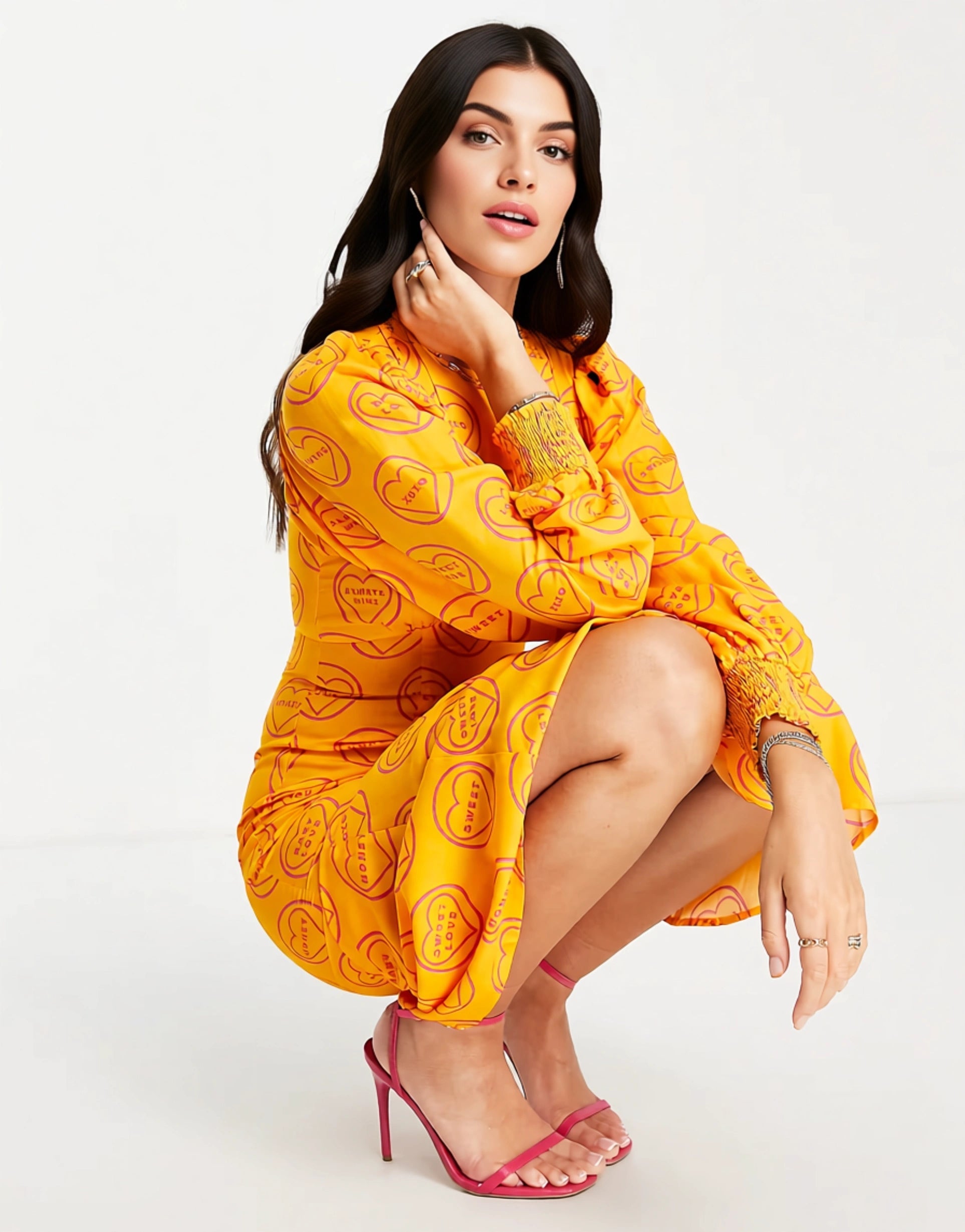 Never Fully Dressed Women's Balloon Sleeve Maxi Dress in Orange Self Love Print In Orange