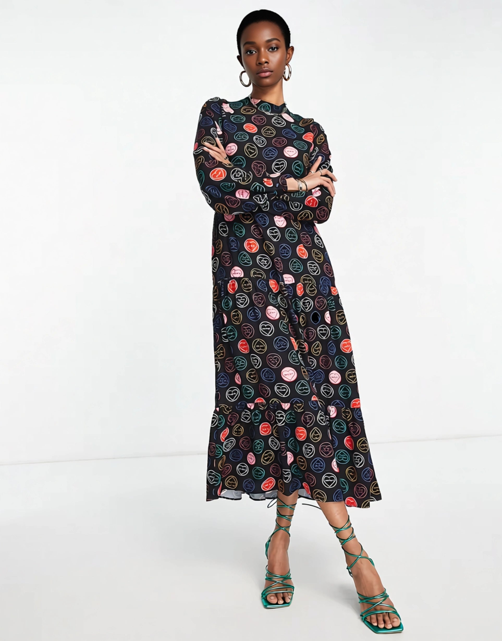 Never Fully Dressed Womens Smock Midaxi Dress in Neon Sweetheart Print In Multi