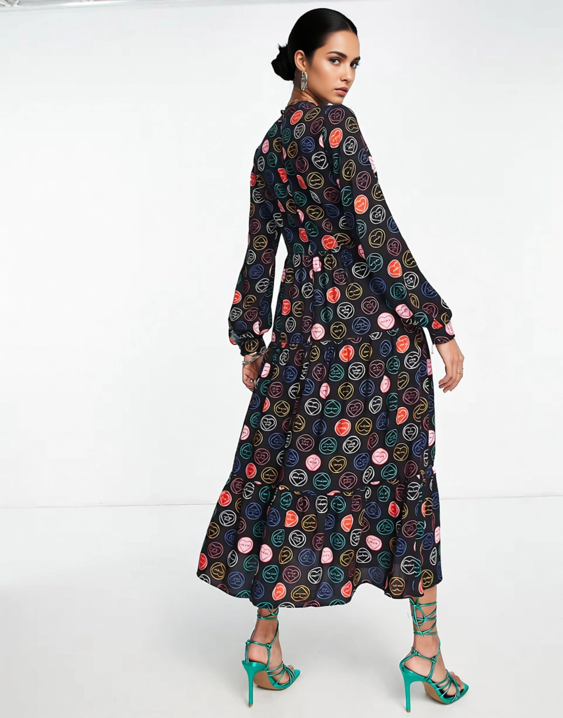 Never Fully Dressed Womens Smock Midaxi Dress in Neon Sweetheart Print In Multi