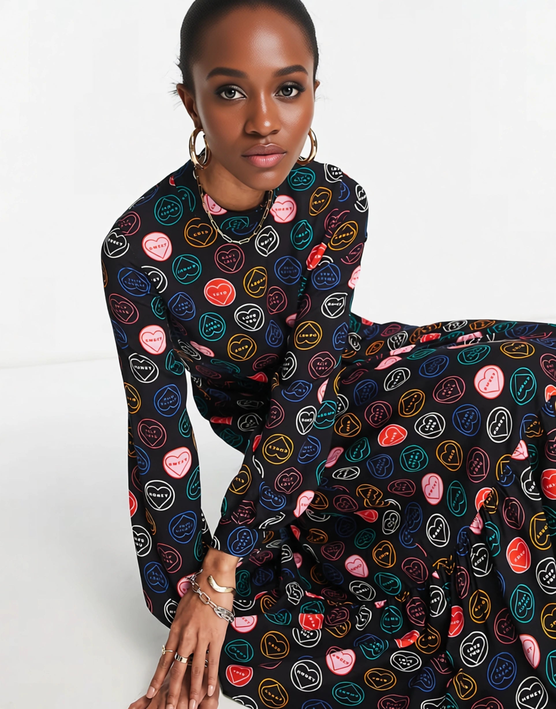 Never Fully Dressed Womens Smock Midaxi Dress in Neon Sweetheart Print In Multi