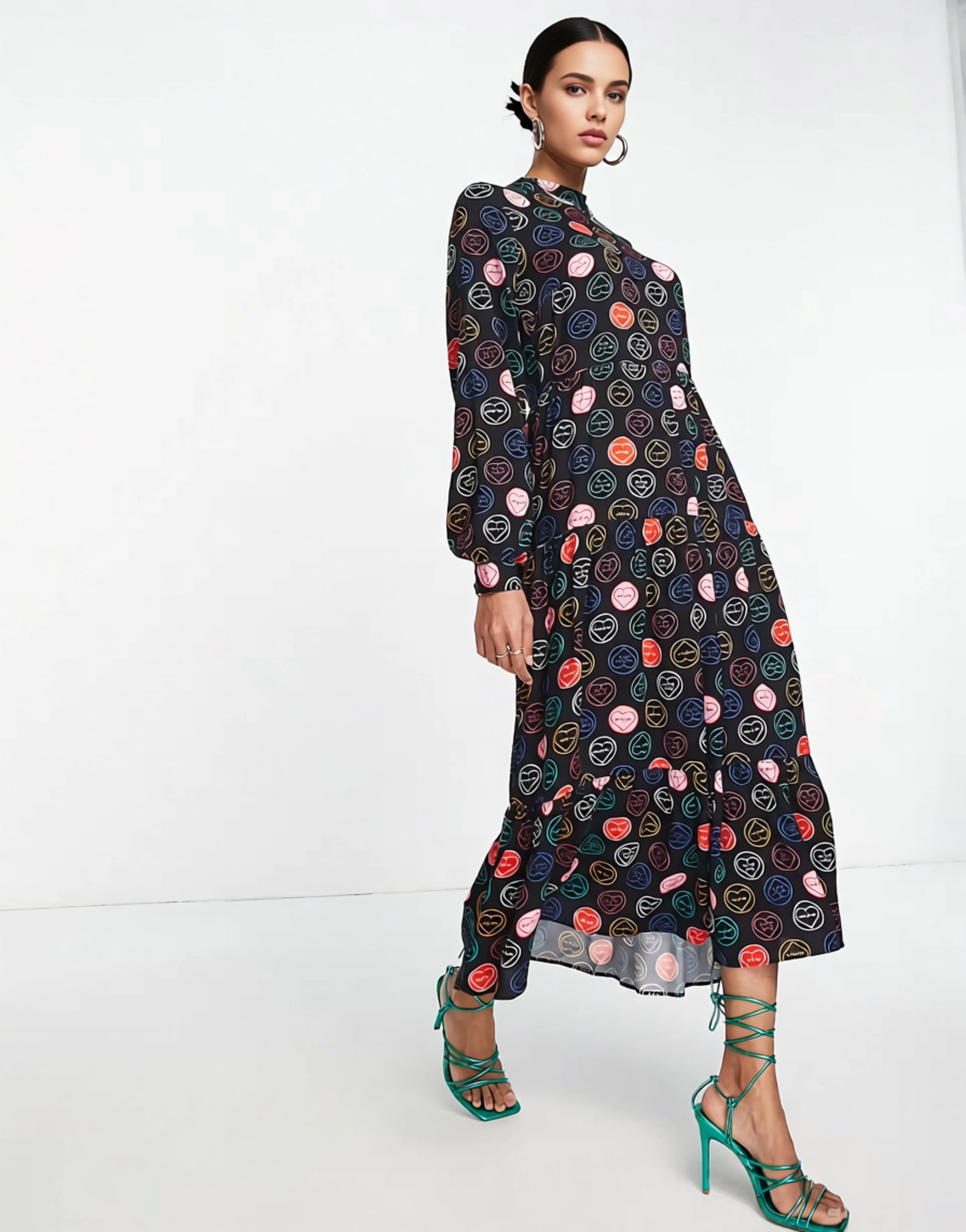 Never Fully Dressed Womens Smock Midaxi Dress in Neon Sweetheart Print In Multi