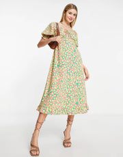Neon Rose Womens Milkmaid Midi Tea Dress With Tie Bust in Bright Ditsy Floral In Multi