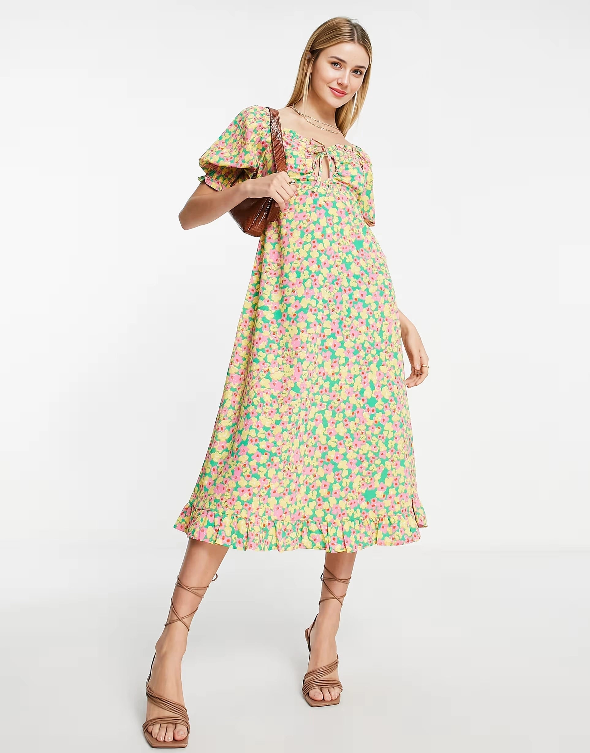 Neon Rose Womens Milkmaid Midi Tea Dress With Tie Bust in Bright Ditsy Floral In Multi