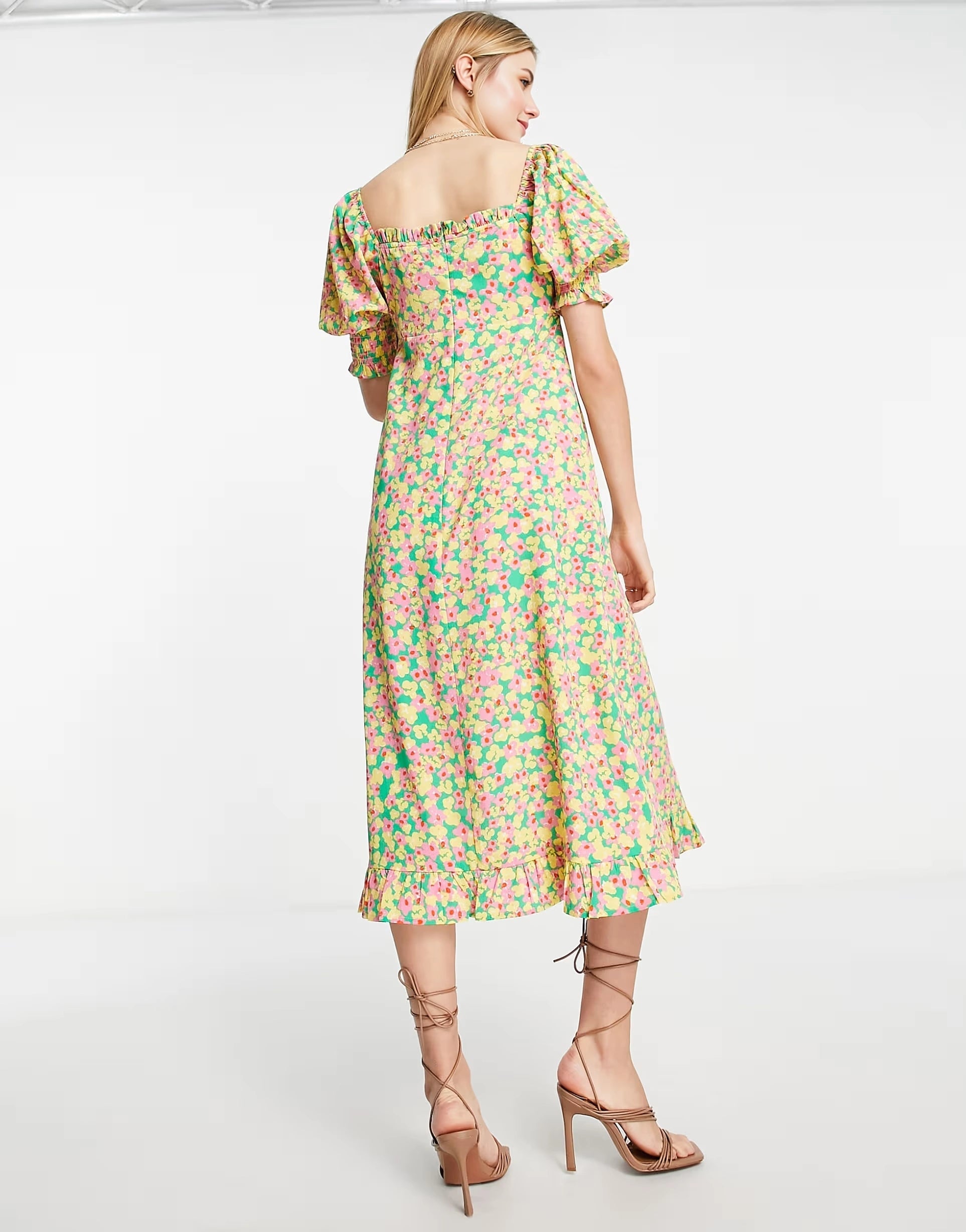 Neon Rose Womens Milkmaid Midi Tea Dress With Tie Bust in Bright Ditsy Floral In Multi
