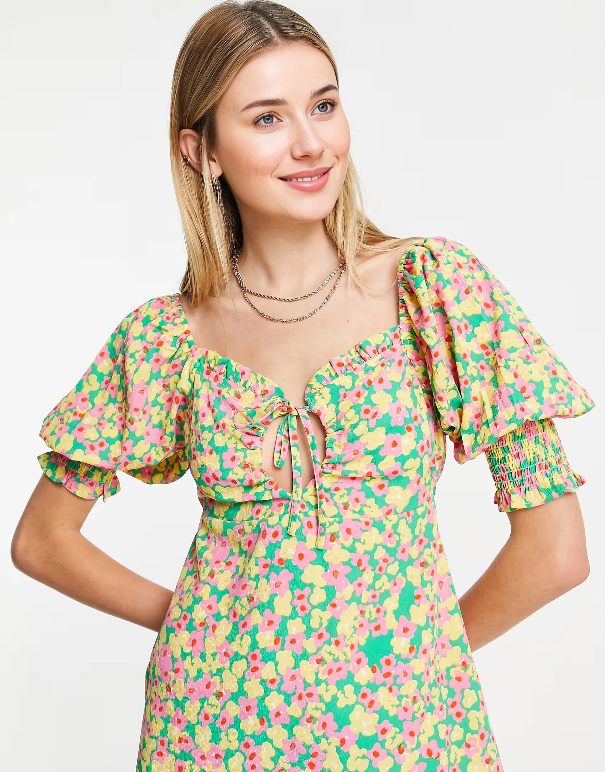 Neon Rose Womens Milkmaid Midi Tea Dress With Tie Bust in Bright Ditsy Floral In Multi