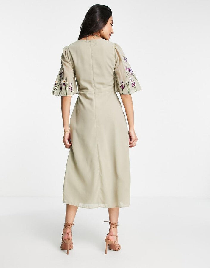 Hope & Ivy Adelaide embroidered midi dress in sage green
