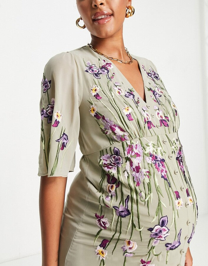 Hope & Ivy Maternity Adelaide embroidered dress in sage green