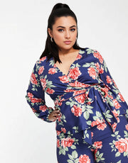 In The Style Plus Womens Jess Millichamp Rose Print Balloon Sleeve Wrap Top In Navy
