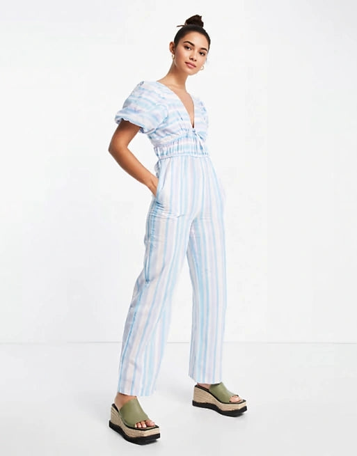 Lost Ink Womens Puff Sleeve Wide Leg Jumpsuit in Multi Blue Stripe