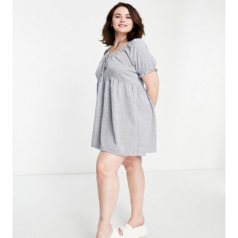 Heartbreak Plus Women's Smock Dress in Blue Check In Black