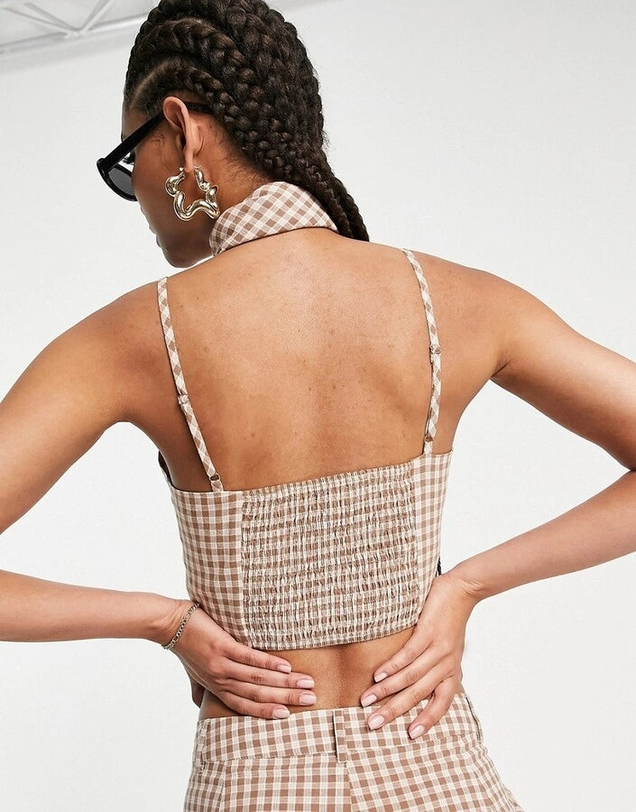Heartbreak Tall Womens Cami Crop Top Co-Ord With Bandana in Brown Gingham In Grey