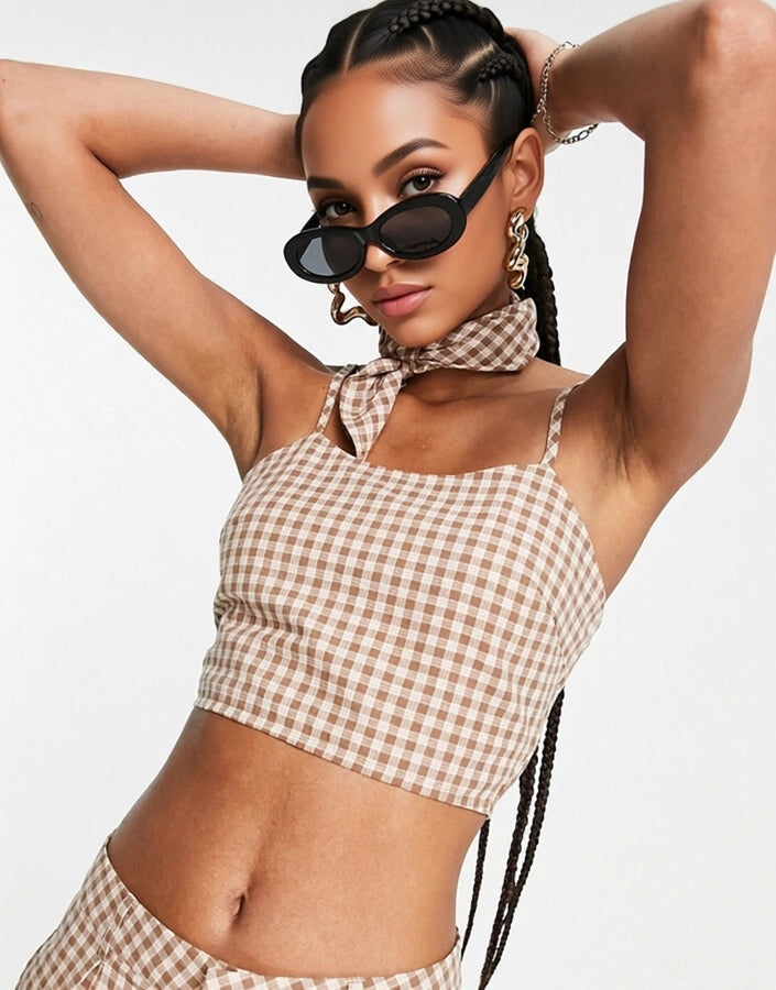 Heartbreak Tall Womens Cami Crop Top Co-Ord With Bandana in Brown Gingham In Grey
