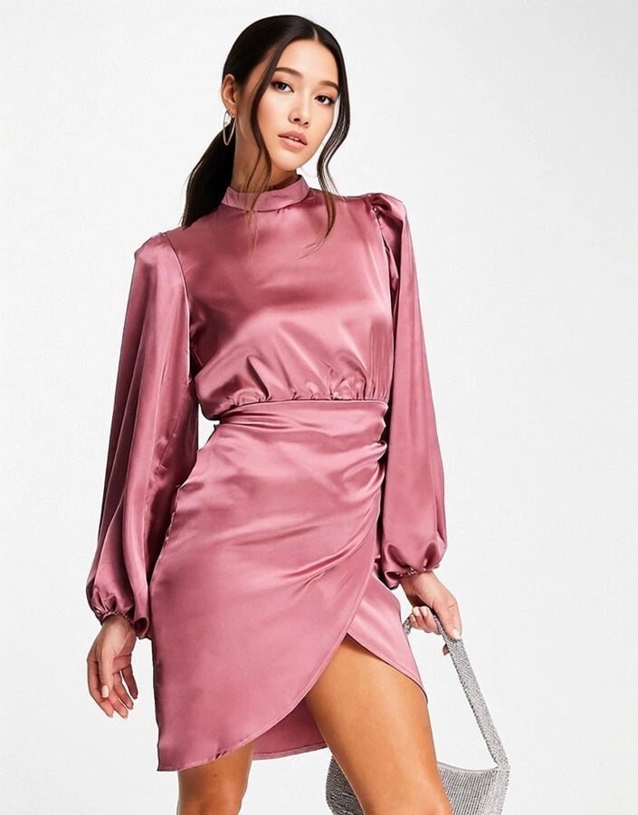 Womens Flounce London Satin Balloon Sleeve Wrap Mini Dress In Blush