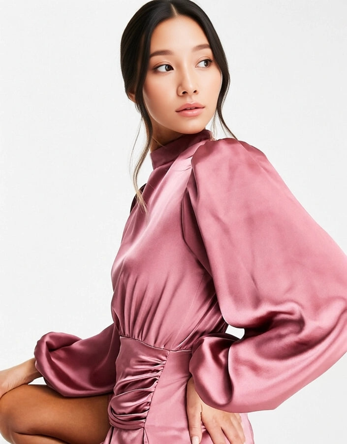 Womens Flounce London Satin Balloon Sleeve Wrap Mini Dress In Blush
