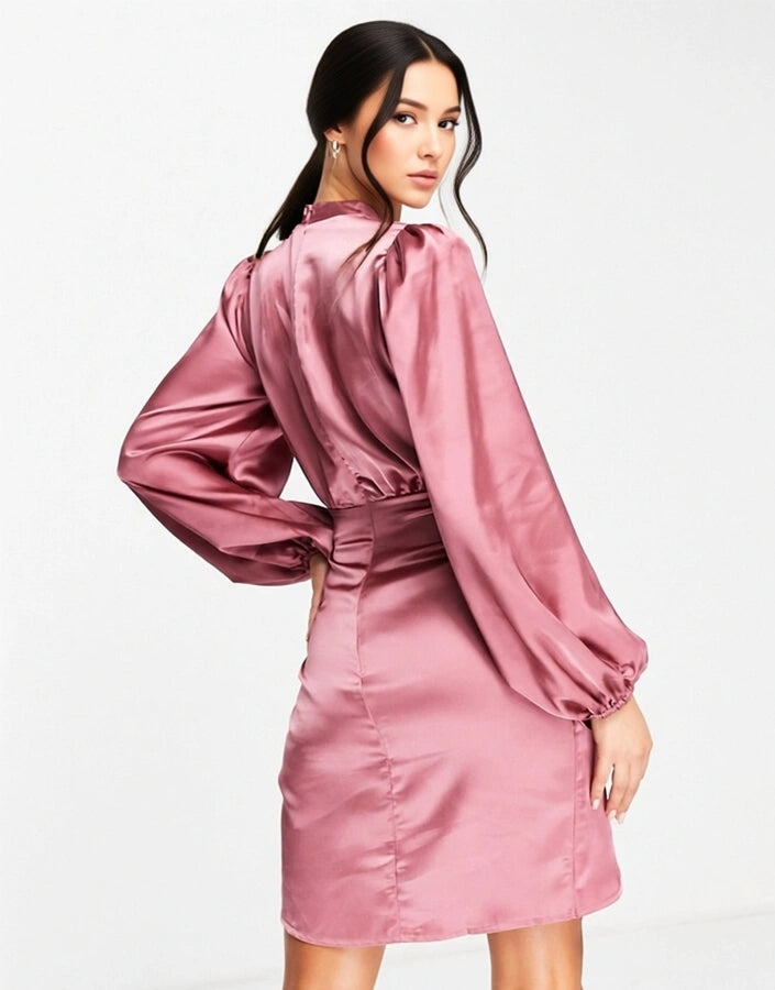 Womens Flounce London Satin Balloon Sleeve Wrap Mini Dress In Blush