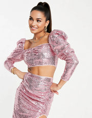 Jaded Rose Womens Balloon Sleeve Top Co-Ord in Rose Gold