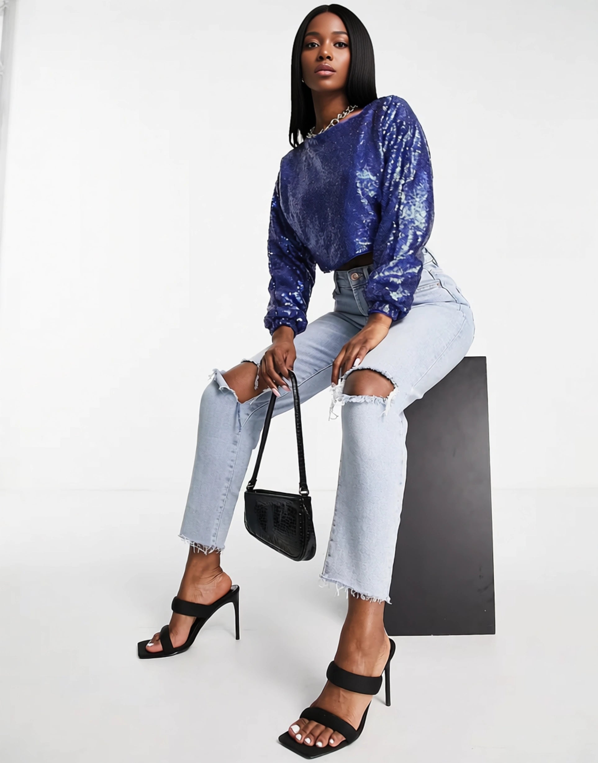 Womens Jaded Rose Sequin Crop Top In Petrol Blue