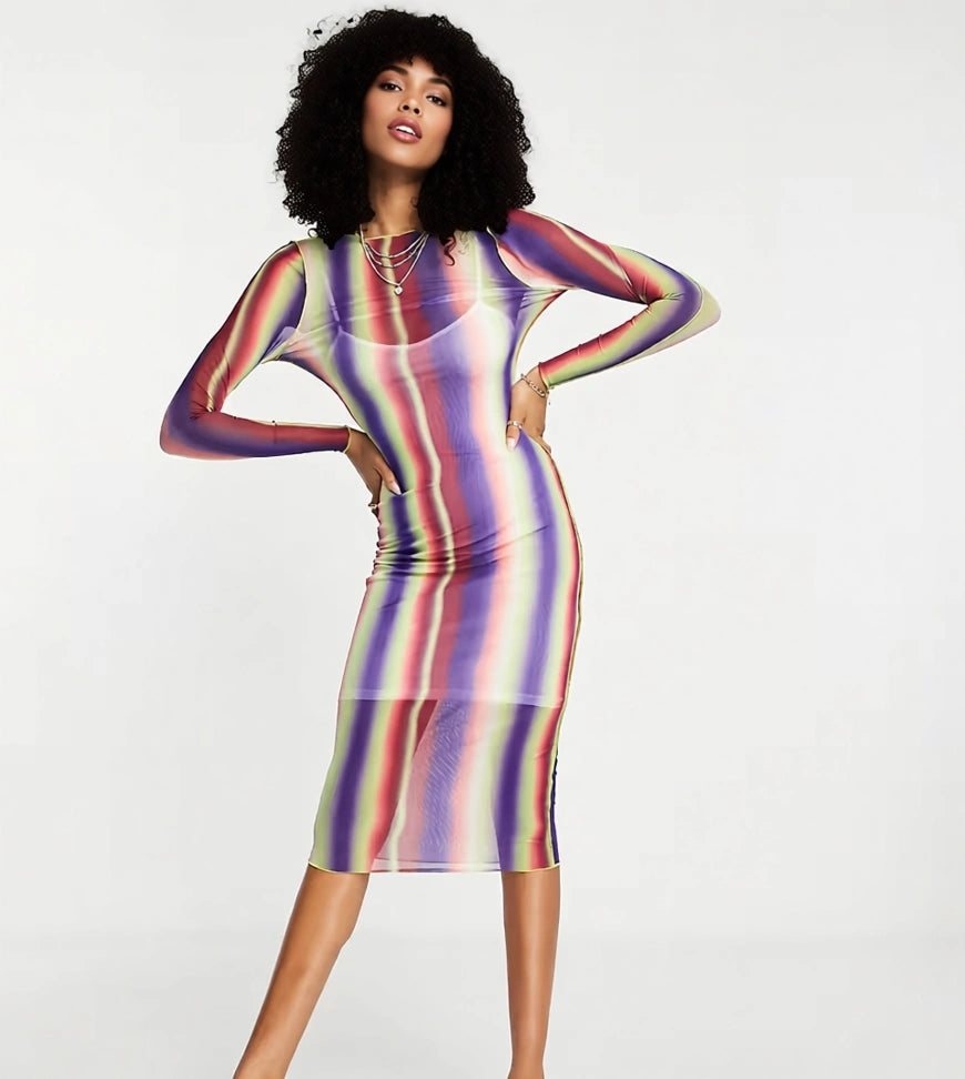 Annorlunda Womens Exposed Seam Midi Dress in Rainbow