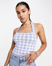 Abercrombie & Fitch Womens Knitted Halter Tank in Lilac Gingham