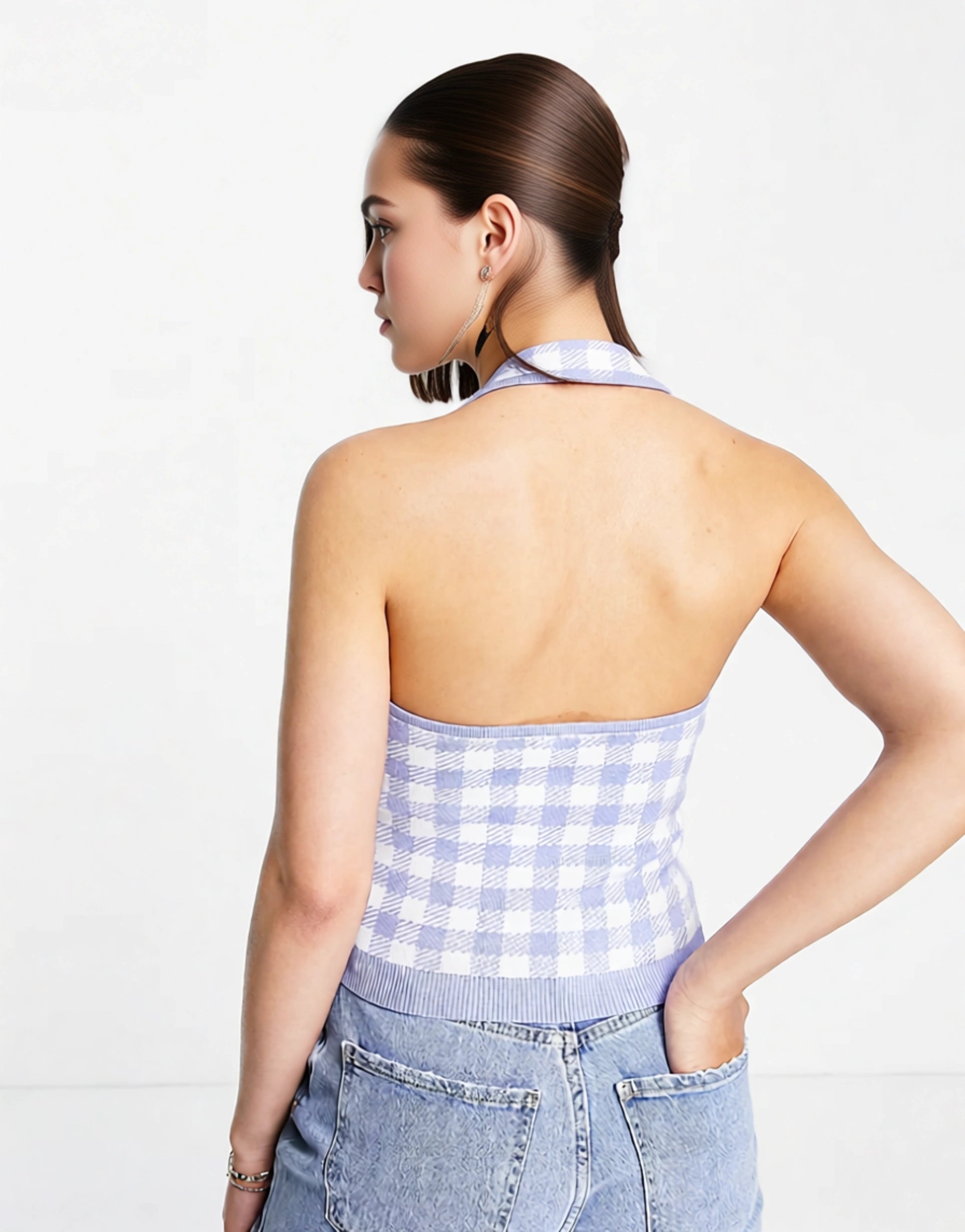 Abercrombie & Fitch Womens Knitted Halter Tank in Lilac Gingham