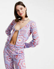 The Ragged Priest Womens Crop Knitted Top With Chain Tie In Retro Floral Co-Ord