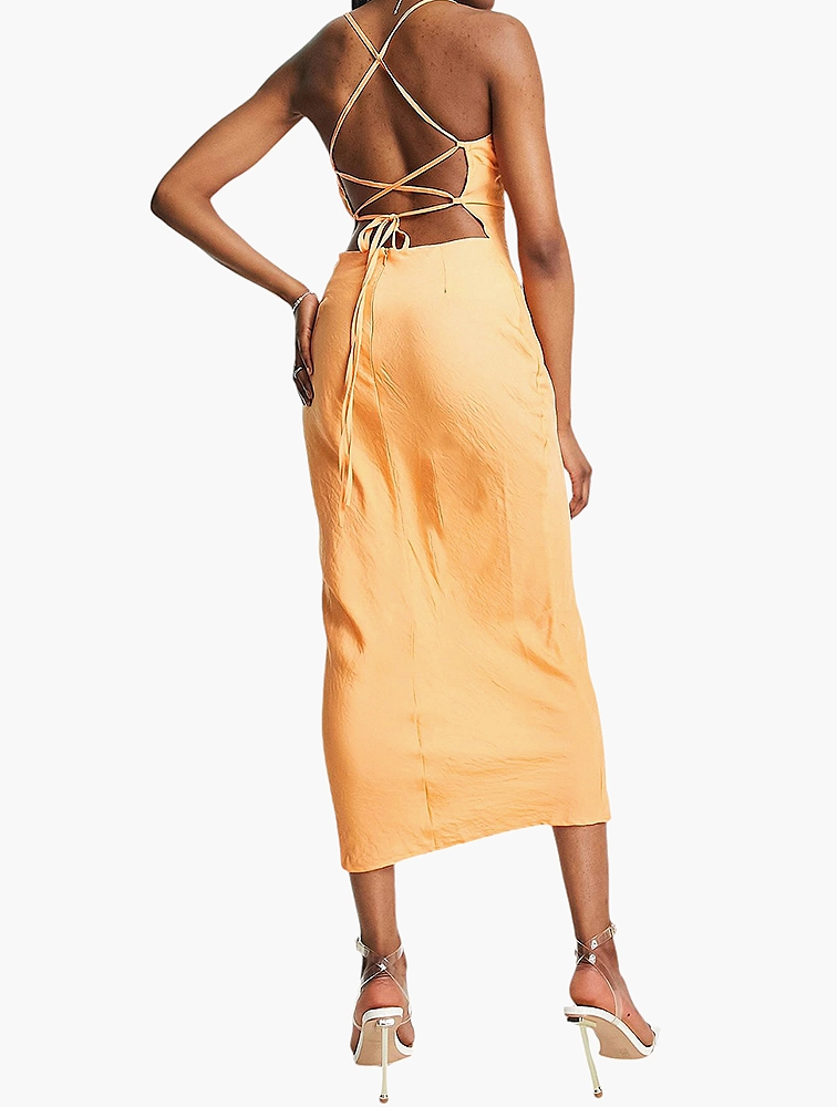 In The Style exclusive satin cowl neck midi dress in orange