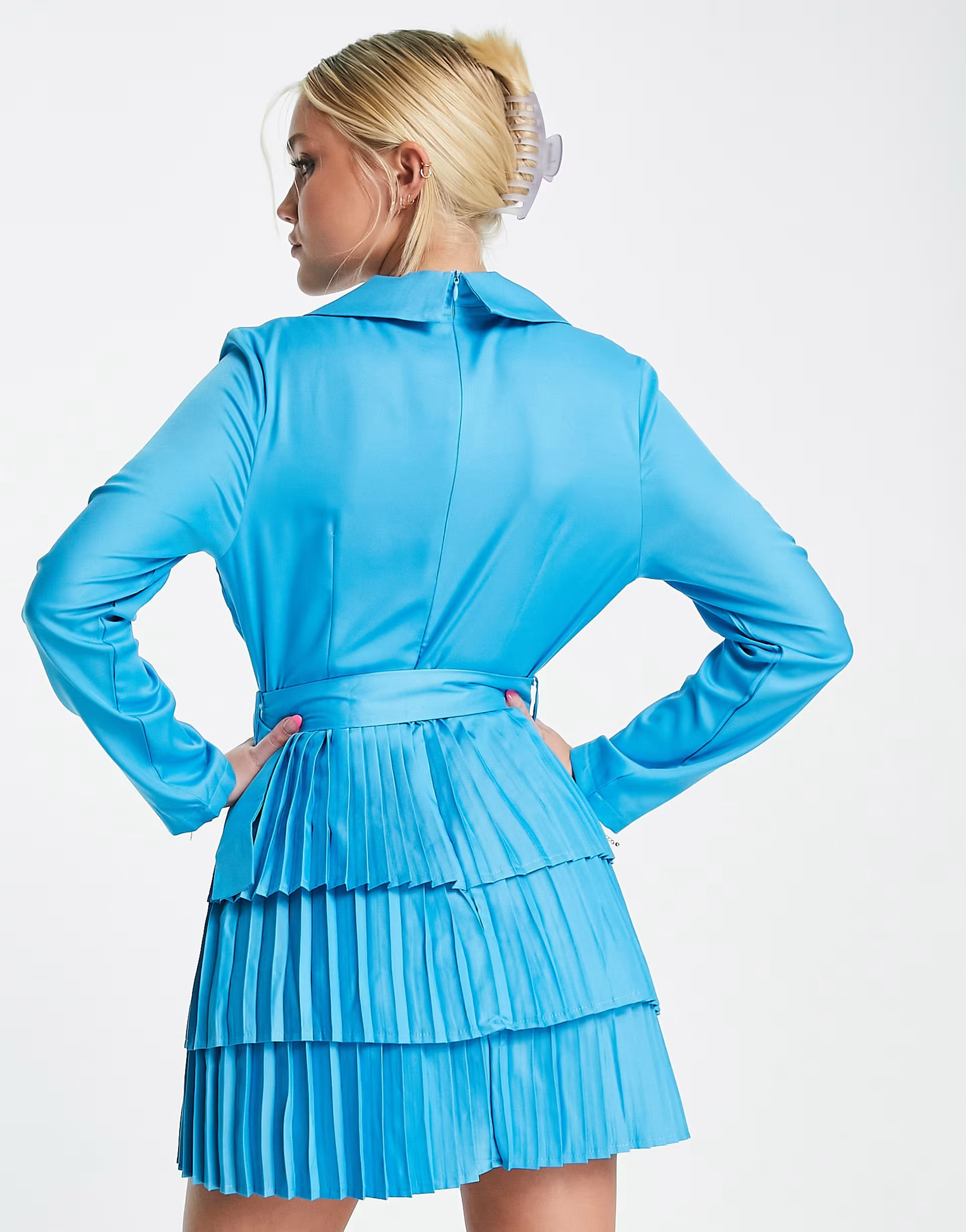 In The Style Womens Plunge Front Blazer Dress With Pleated Skirt In Blue
