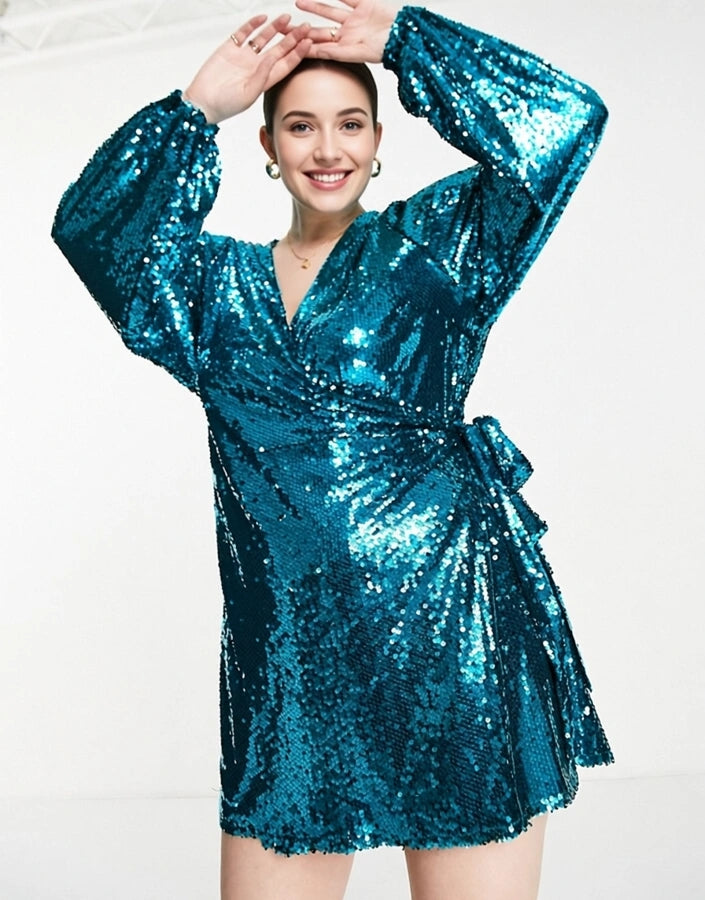 In The Style Plus Womens Sequin Long Sleeve Wrap Mini Dress in Mermaid Blue