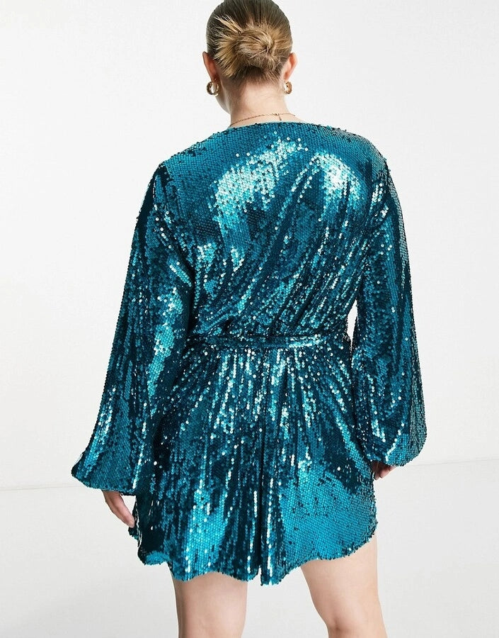 In The Style Plus Womens Sequin Long Sleeve Wrap Mini Dress in Mermaid Blue