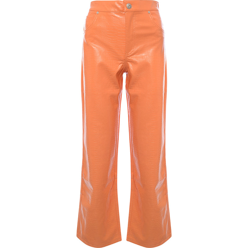 Bershka Women's Orange Croc Effect Faux Leather Straight Leg Trousers