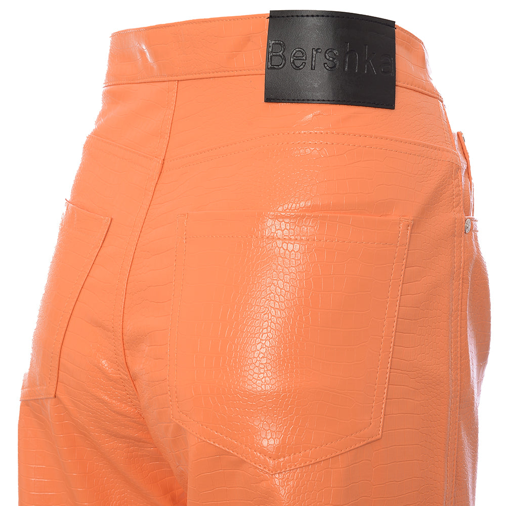 Bershka Women's Orange Croc Effect Faux Leather Straight Leg Trousers