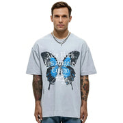 Good For Nothing Mens Oversized T-Shirt In Light Grey Acid Wash With City And Butterfly Print