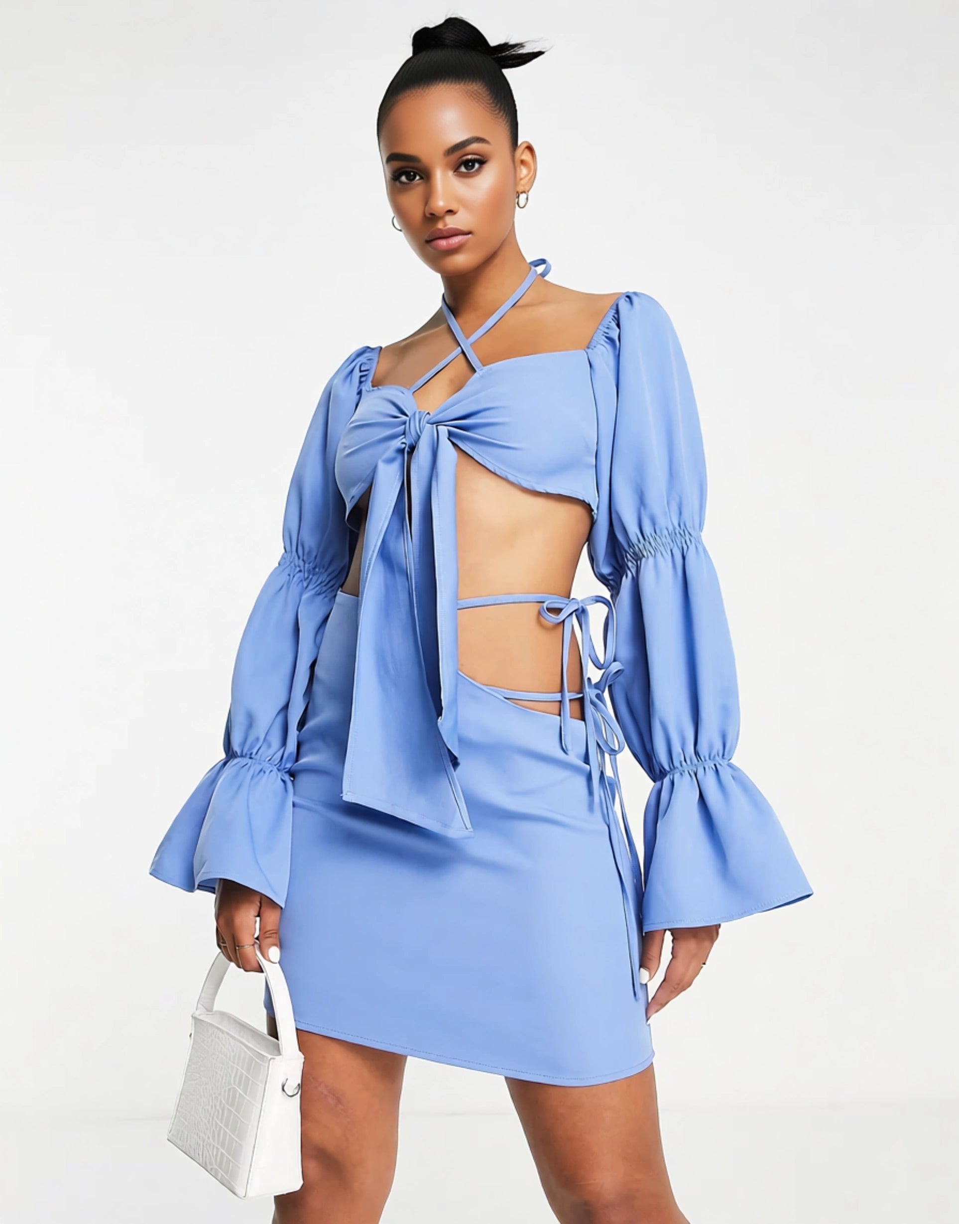 UNIQUE21 Womens Waist Cutout Detail Mini Skirt Co-Ord in Cornflower Blue