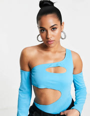 UNIQUE21 Womens One Shoulder Cut Out Bodysuit in Cyan Blue