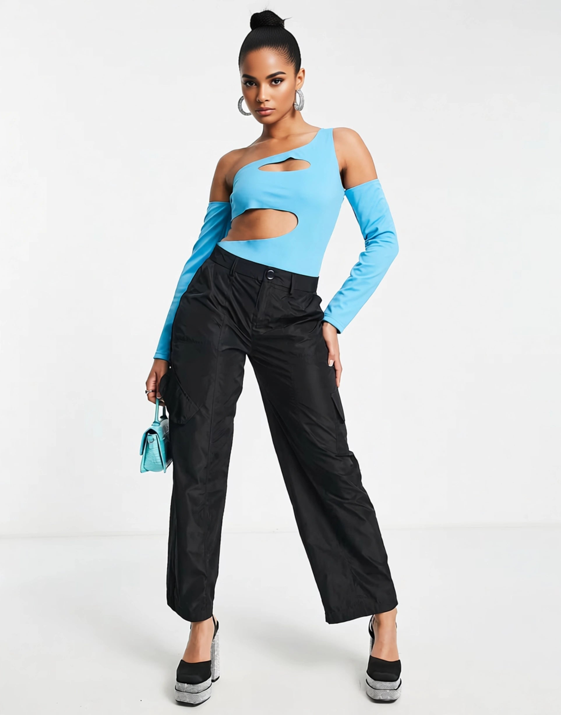 UNIQUE21 Womens One Shoulder Cut Out Bodysuit in Cyan Blue