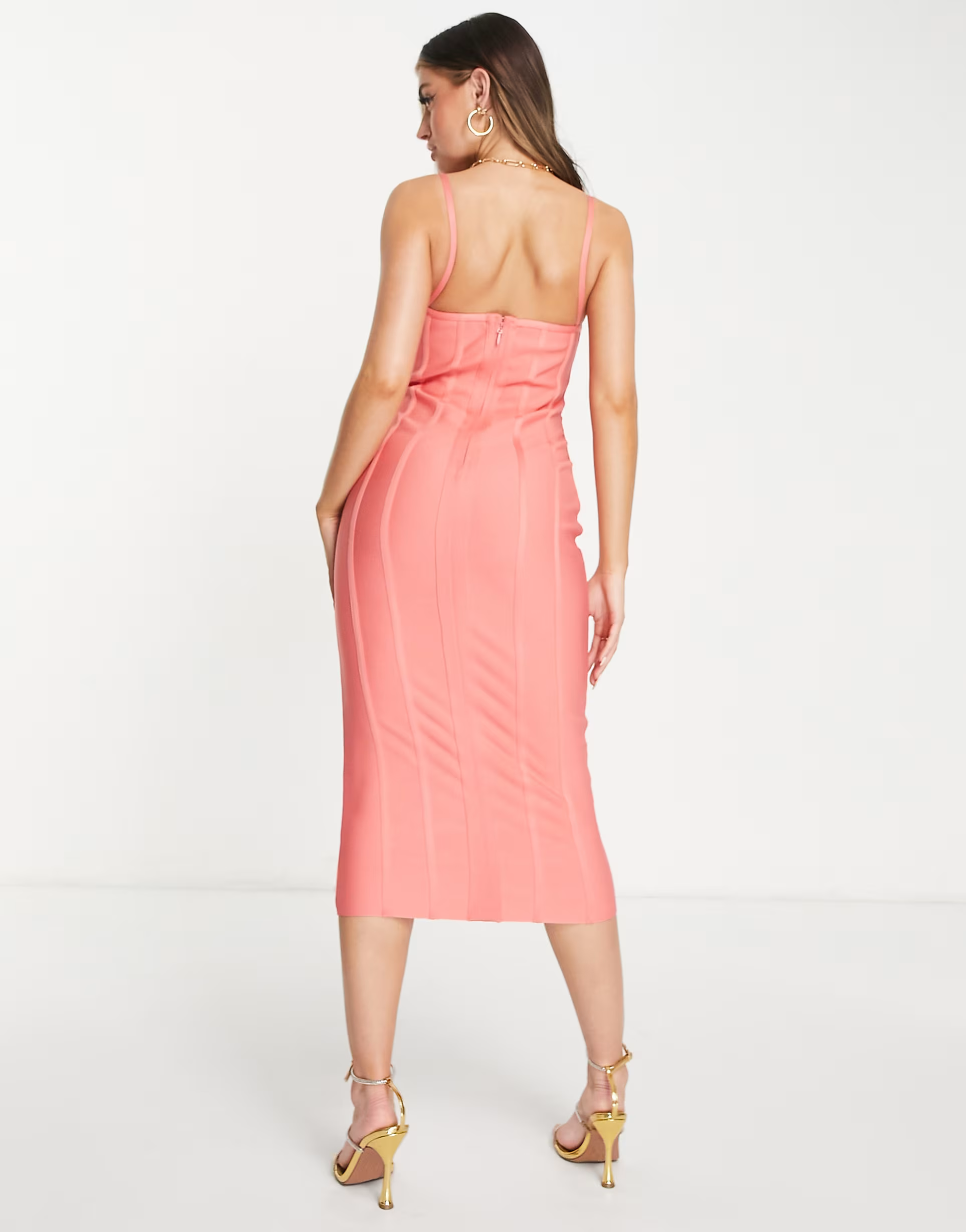 Band Of Stars Womens Band Of Stars Premium Bandage Strappy Midi Dress in Coral Pink