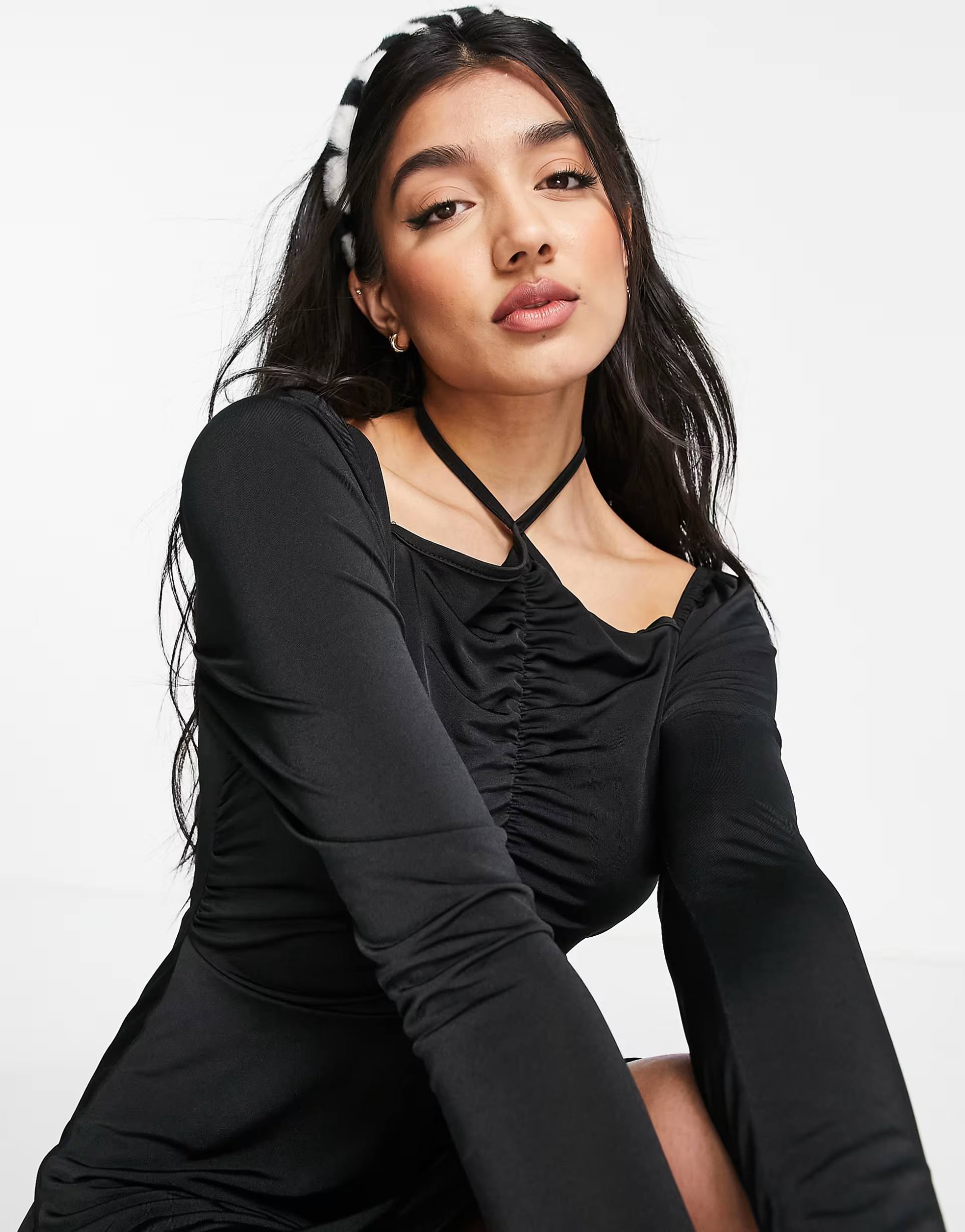 In The Style x Liberty halterneck ruched front skater dress in black