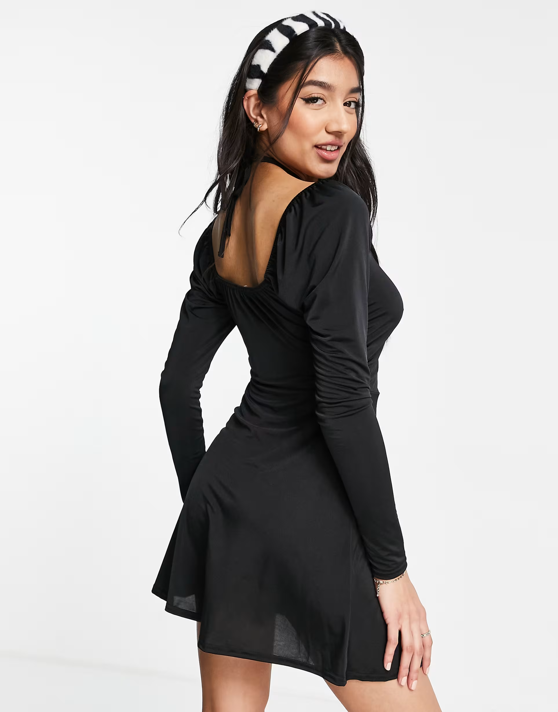 In The Style x Liberty halterneck ruched front skater dress in black