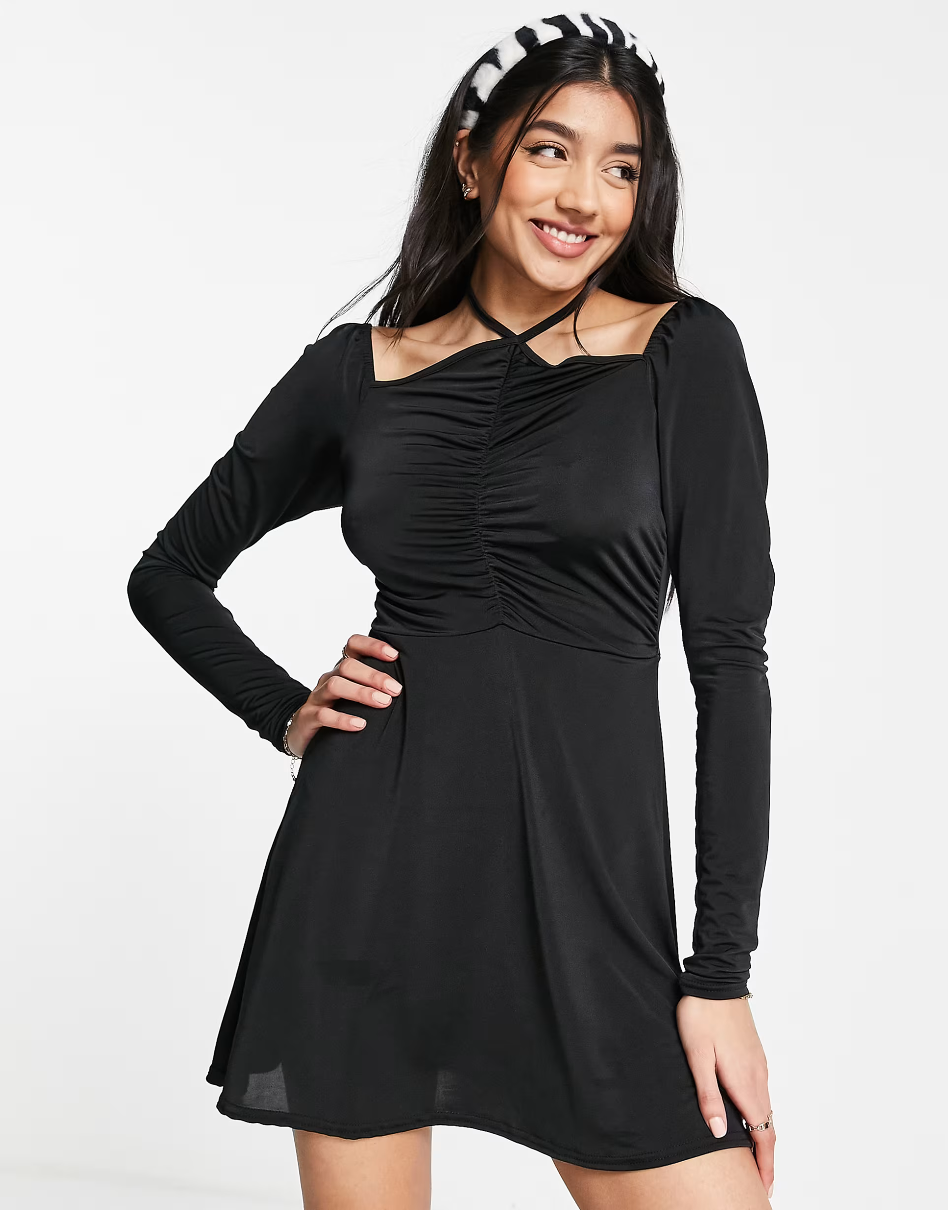 In The Style x Liberty halterneck ruched front skater dress in black