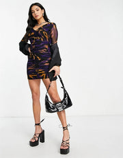 I Saw It First Petite Womens Mesh Ruched Mini Dress in Zebra Print In Multi