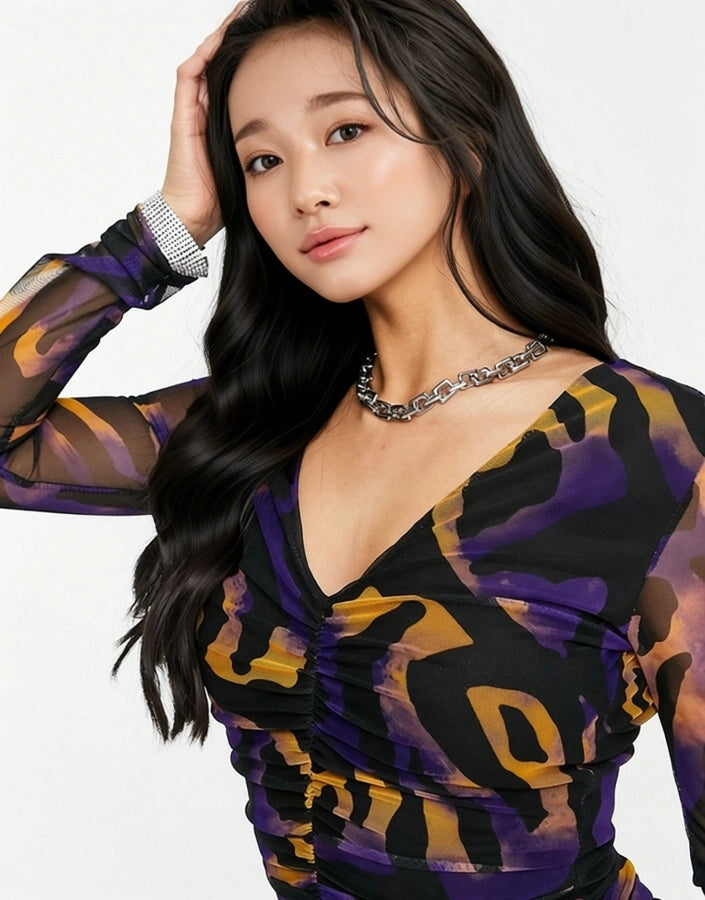 I Saw It First Petite Womens Mesh Ruched Mini Dress in Zebra Print In Multi