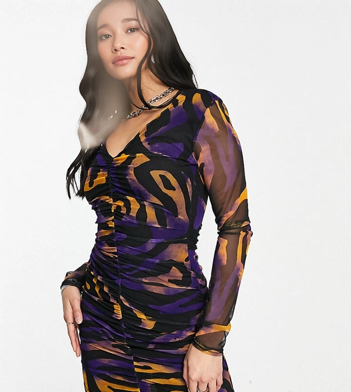 I Saw It First Petite Womens Mesh Ruched Mini Dress in Zebra Print In Multi
