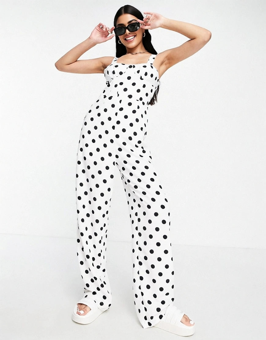 The Frolic Womens Polka Dot Bust-Detail Jumpsuit in Black And White