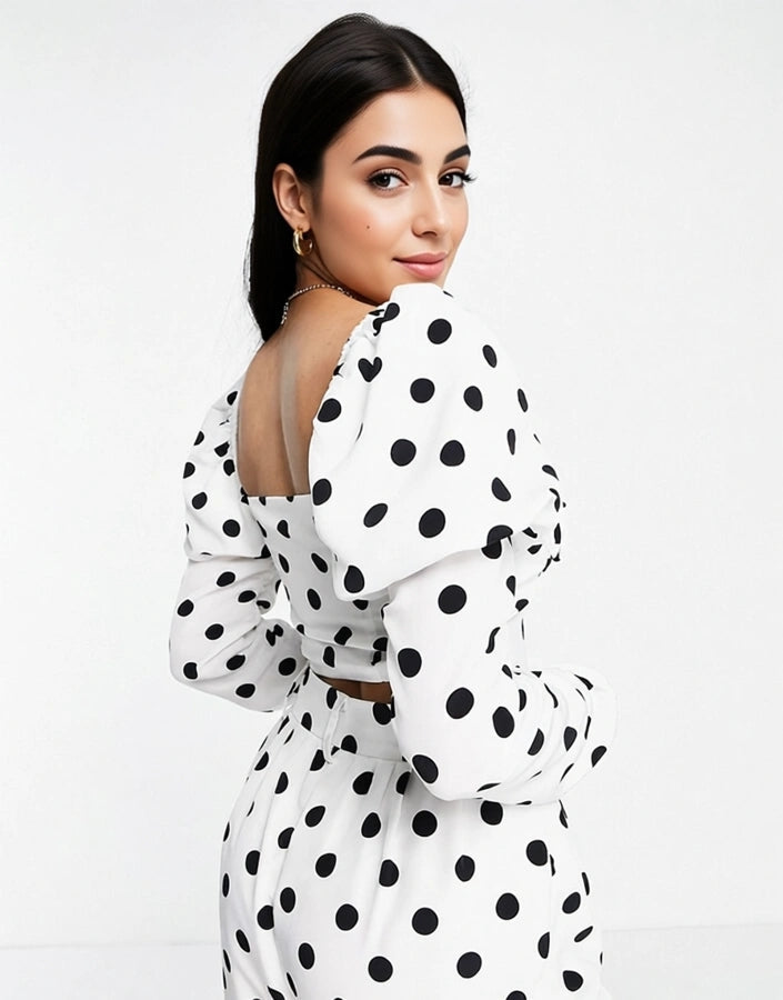 The Frolic Womens Polka Dot Smock Crop Blouse Co-Ord in Black And White