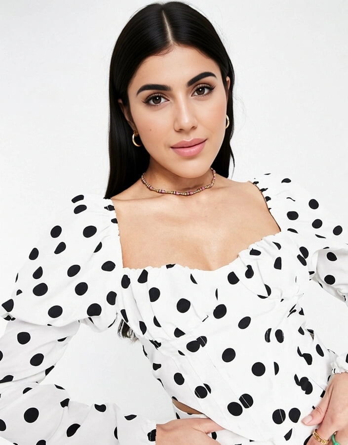 The Frolic Womens Polka Dot Smock Crop Blouse Co-Ord in Black And White