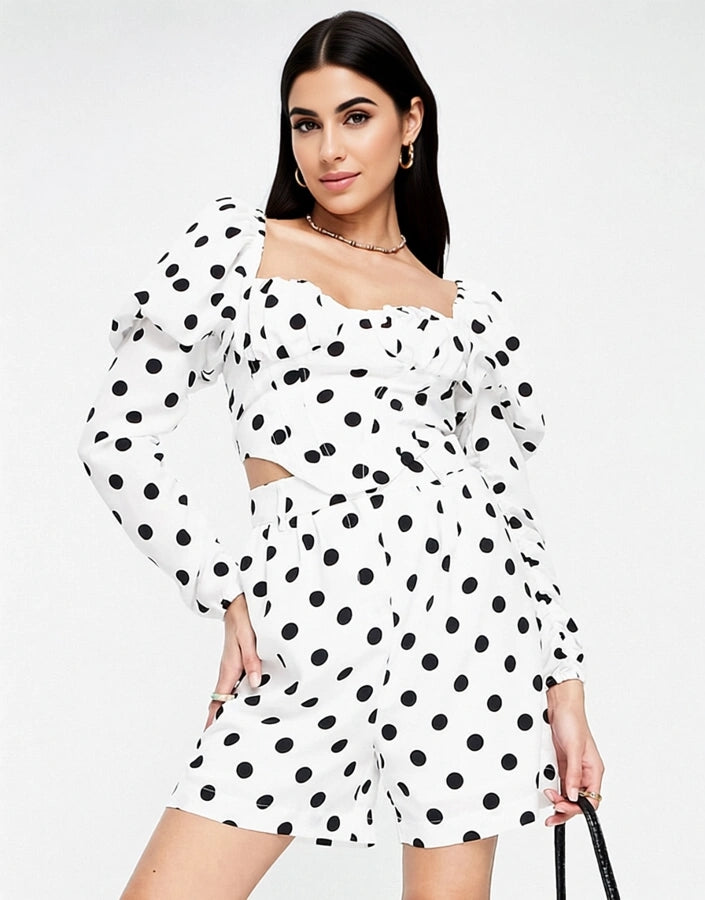 The Frolic Womens Polka Dot Smock Crop Blouse Co-Ord in Black And White