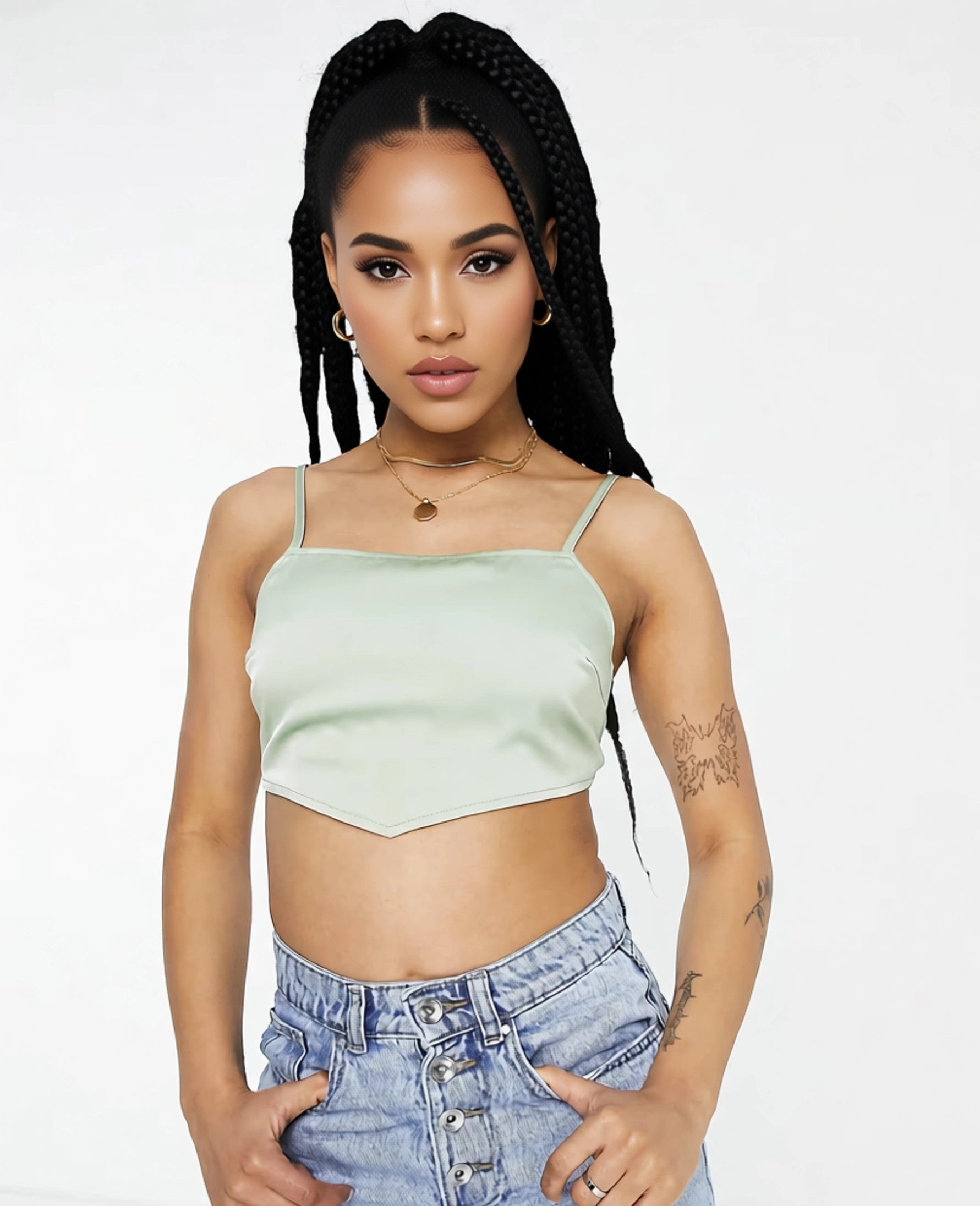 LOLA MAY PETITE Womens Satin Tie Back Crop Top in Sage Green In Green