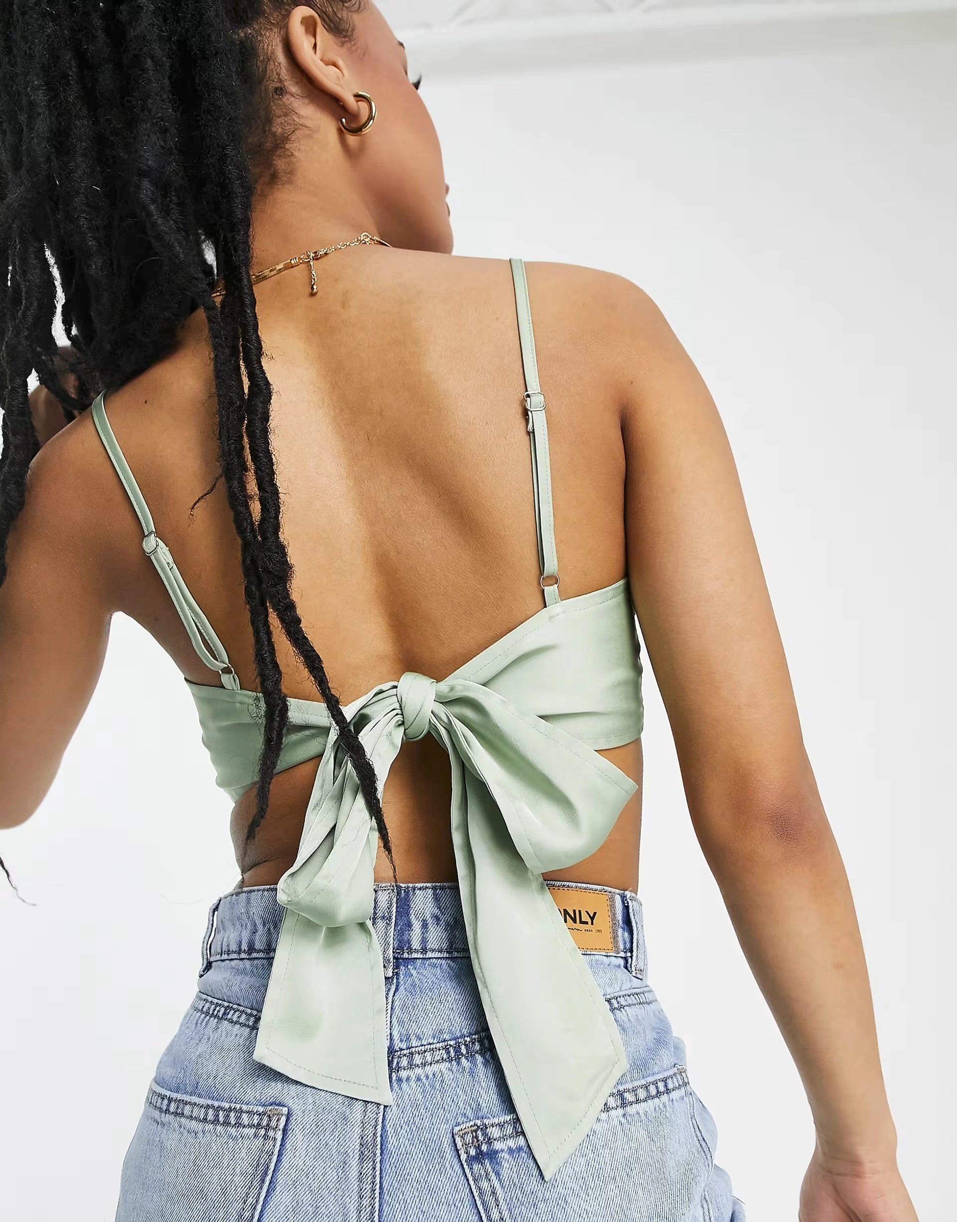LOLA MAY PETITE Womens Satin Tie Back Crop Top in Sage Green In Green